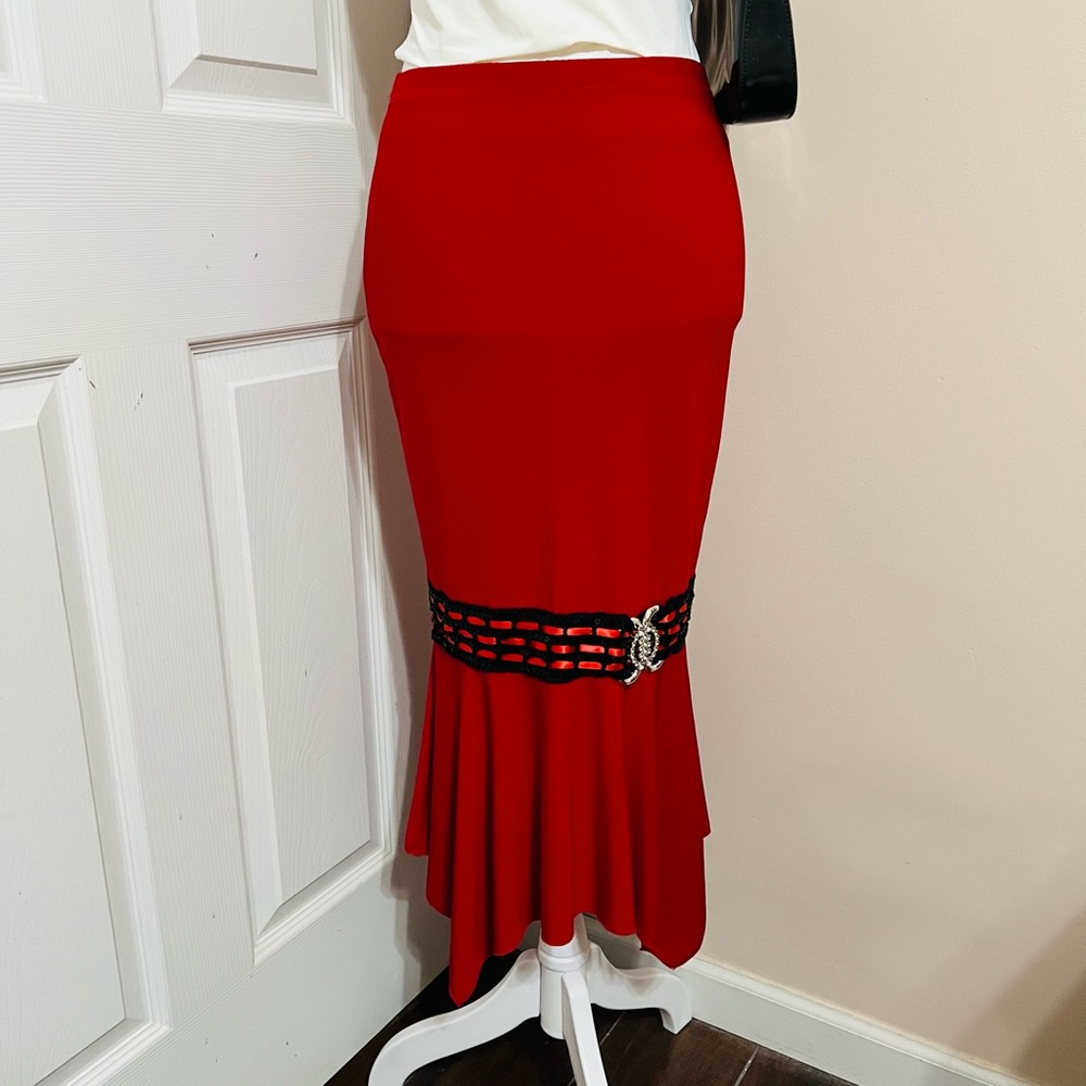 Elegant Red Maxi Skirt with Black Accents